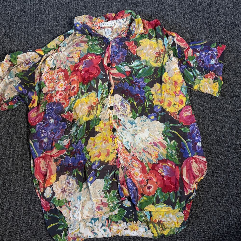 Vintage Y2k Express Floral Multicolor Button Front Blouse Medium Cotton M